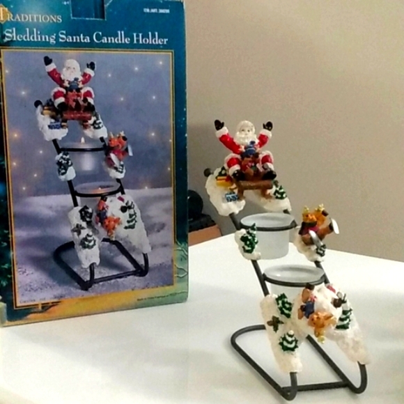 Vintage Sledding Santa Candle Holders Christmas Decor with Cute Reindeers 10x14" - Picture 2 of 10